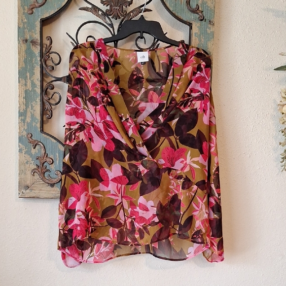CAbi Tops - CAbi Pink and Red Asymmetrical Sheer Blouse. Excellent condition Size Large